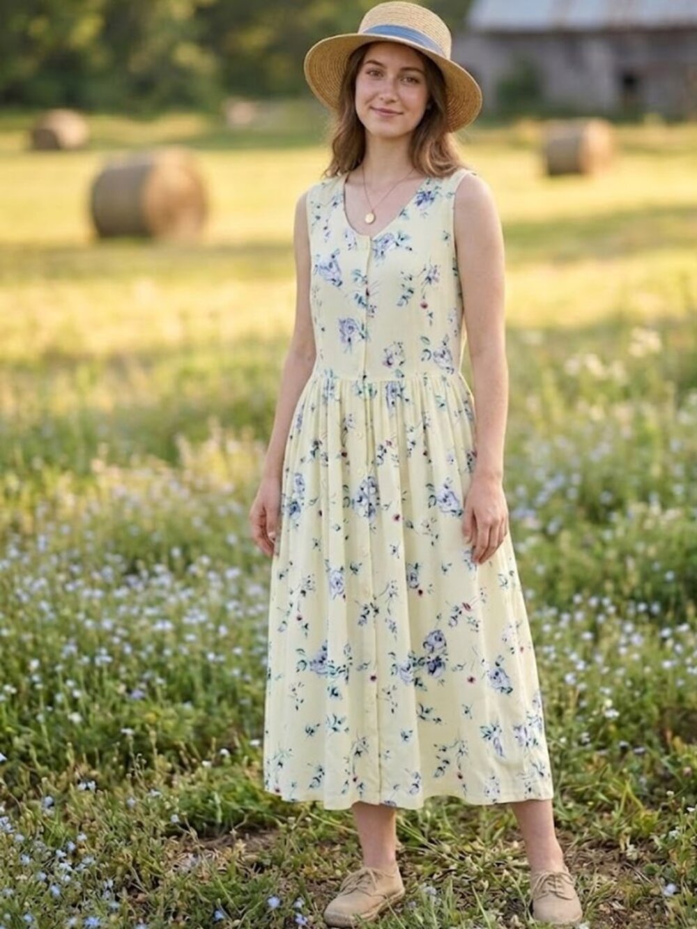 VTG SEARS Pale Yellow Floral Midi Sun Dress Sz L Romantic Garden Party Prairie